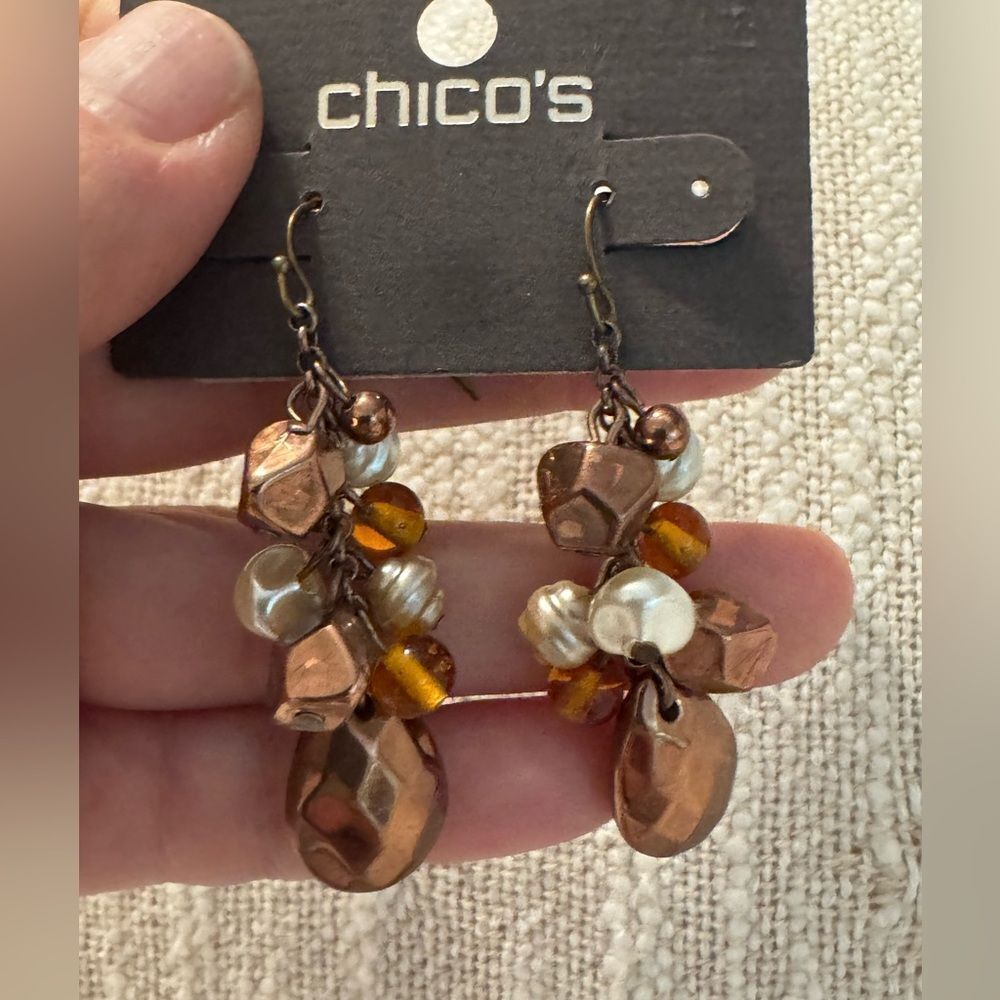 0218-Chico's‎ Bronze and Pearl Dangle Earrings